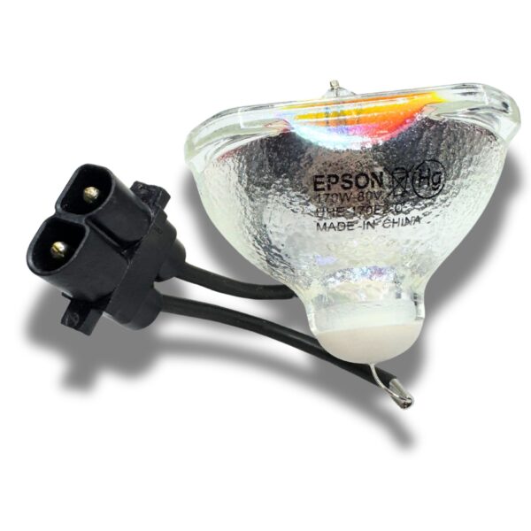 Zdjęcie z boku żarówki do projektora Epson UHE 170E2-C (170W-80V) z widocznym odbłyśnikiem i konektorem zasilającym